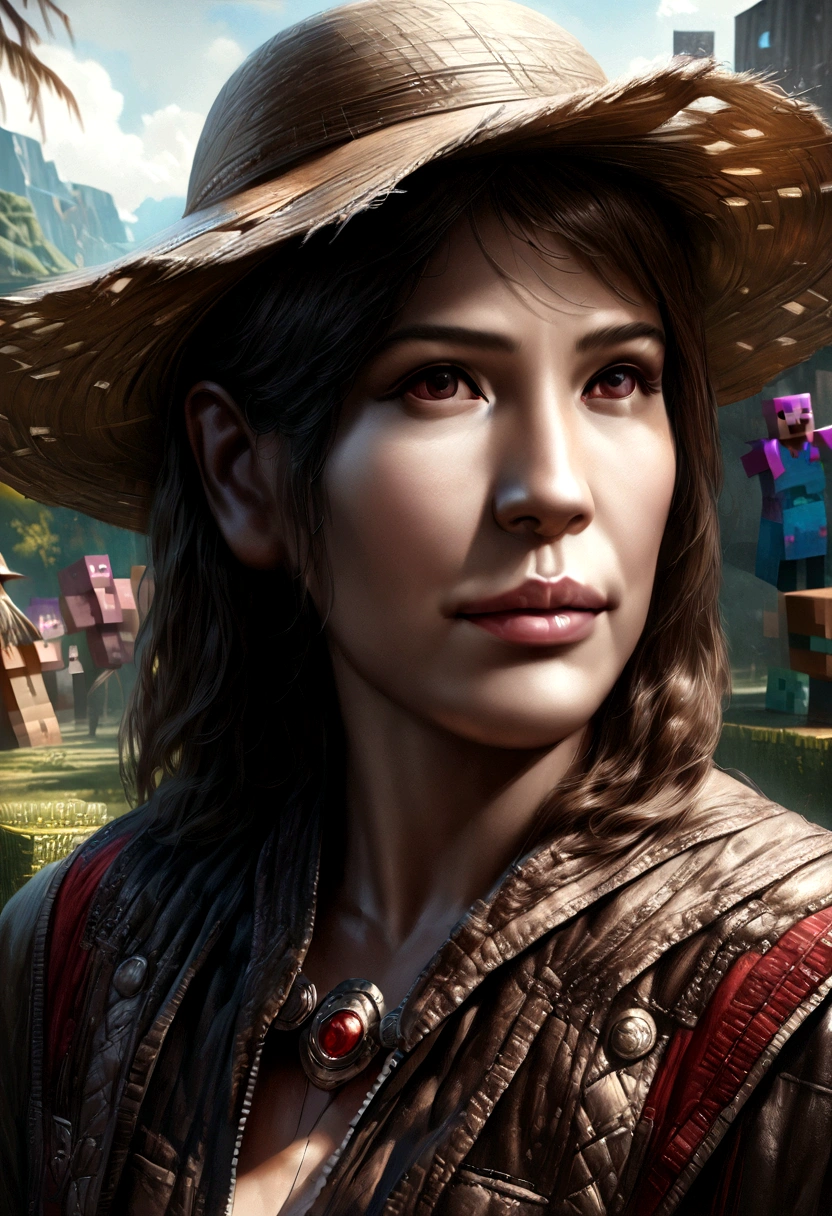 detailed minecraft blocks, scarecrow, straw hat, fantasy, vibrant colors, magical atmosphere, highly detailed, (best quality,4k,8k,highres,masterpiece:1.2),ultra-detailed,(realistic,photorealistic,photo-realistic:1.37)