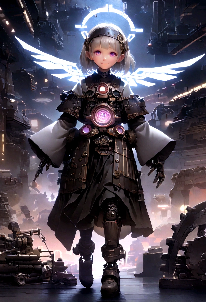 Create a book bot, 12 to 16 years old, With a charming smile, Stimulate people's emotions, The gesture of the arrival of angels、Suspended in mid-air、Facing the camera、Complete body,panoramic、12 to 16 years old, With a charming smile, Stimulate people's emotions, When you see him, Top quality、masterpiece、Ultra-high resolution、(Photorealistic:1.4)、RAW photos、Steampunk Robot Angel、Large metal wing、White porcelain body、White hair、Glowing skin、girl、((Ultra-realistic details))、Borat、Mechanical technology background circular time halo and gears rotating behind it、Global Illumination、Black Shadow、Octan Rendering、8K、Super sharp、Character edge light,huge、Intricate decorative details、Acrylic transparent cover、Sumerian details、Hydraulic Cylinders、Small LED lights、Extremely complex details、Realistic lighting、Purple Eyes、Radiant eyes、Facing the camera、Neon light details、Cowboy shooting、Futuristic headdress、About the Floor Plan《Cyberpunk characters》、Extra meticulous、future technology、Vision、full-body shot、