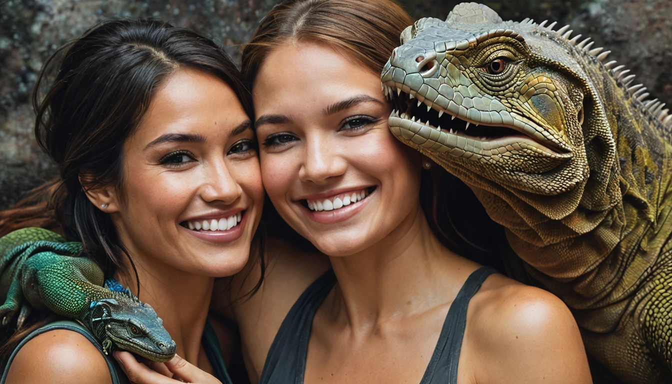 half body,
a woman smile with her best friend her Komodo dragon,
dark complex background, style by Thomas Kinkade+David A. Hardy+Carne Griffiths+Mandy Disher half vivid colors fine art, best quality, high detailed, detailed faces, 2d,