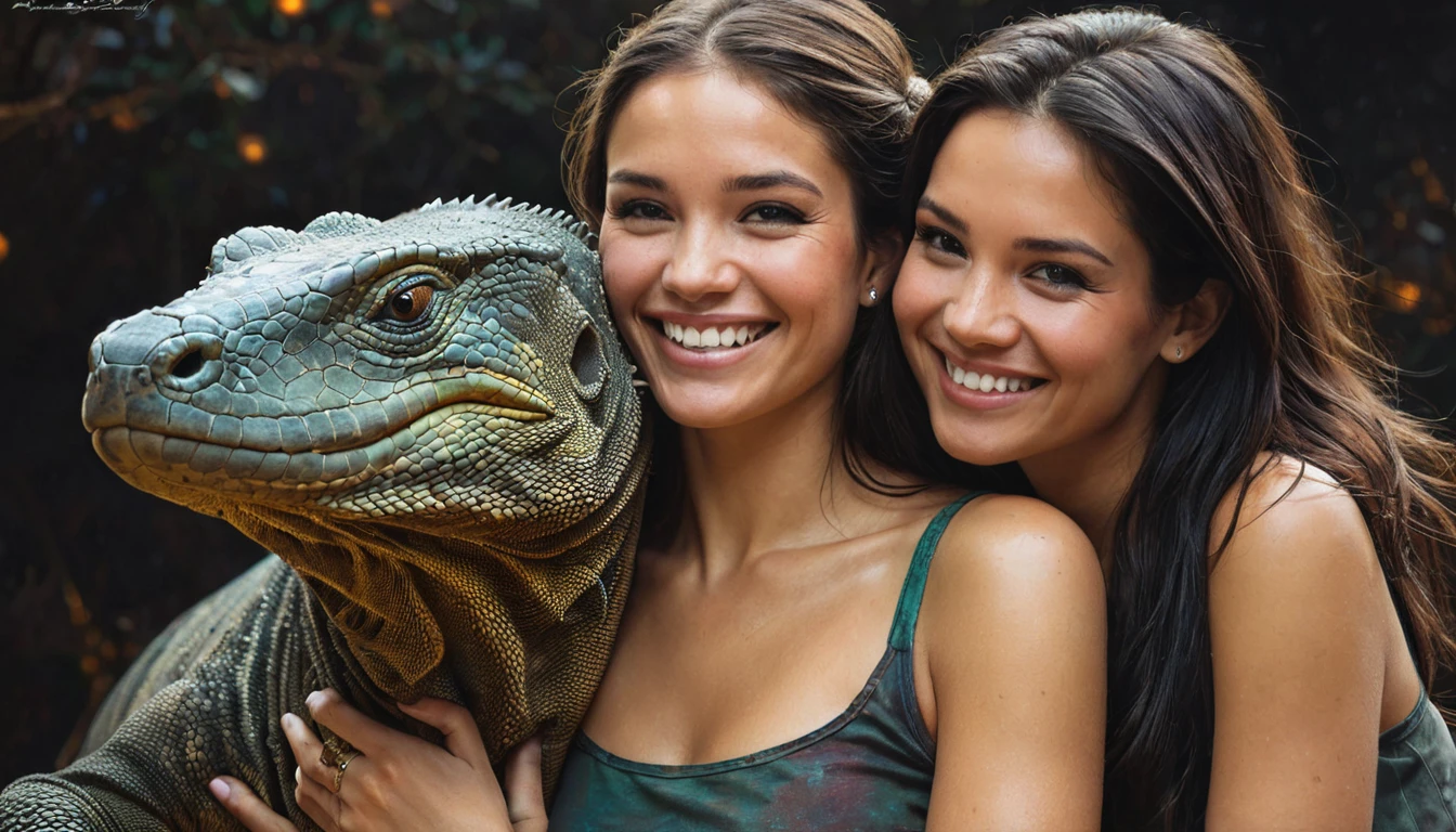 half body,
a woman smile with her best friend her Komodo dragon,
dark complex background, style by Thomas Kinkade+David A. Hardy+Carne Griffiths+Mandy Disher half vivid colors fine art, best quality, high detailed, detailed faces, 2d,