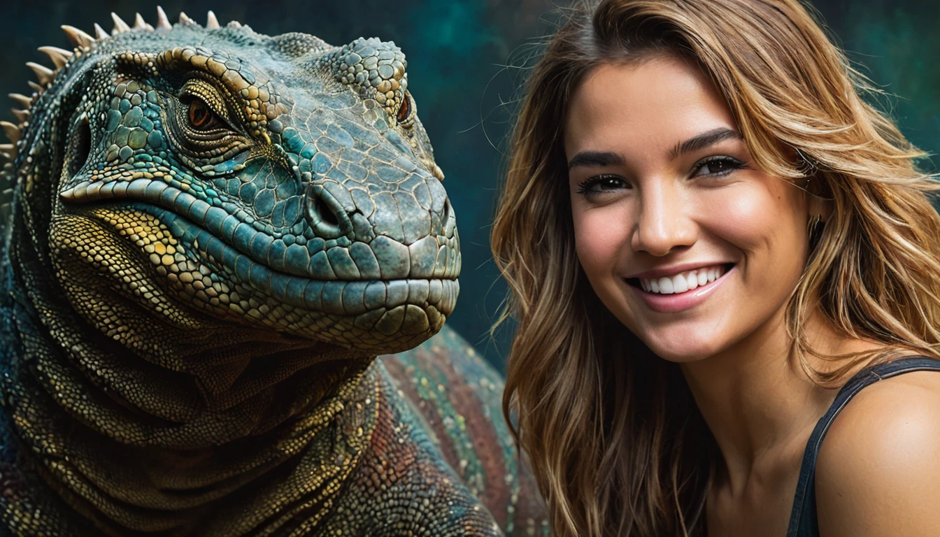 half body,
a woman smile with her best friend her Komodo dragon,
dark complex background, style by Thomas Kinkade+David A. Hardy+Carne Griffiths+Mandy Disher half vivid colors fine art, best quality, high detailed, detailed faces, 2d,