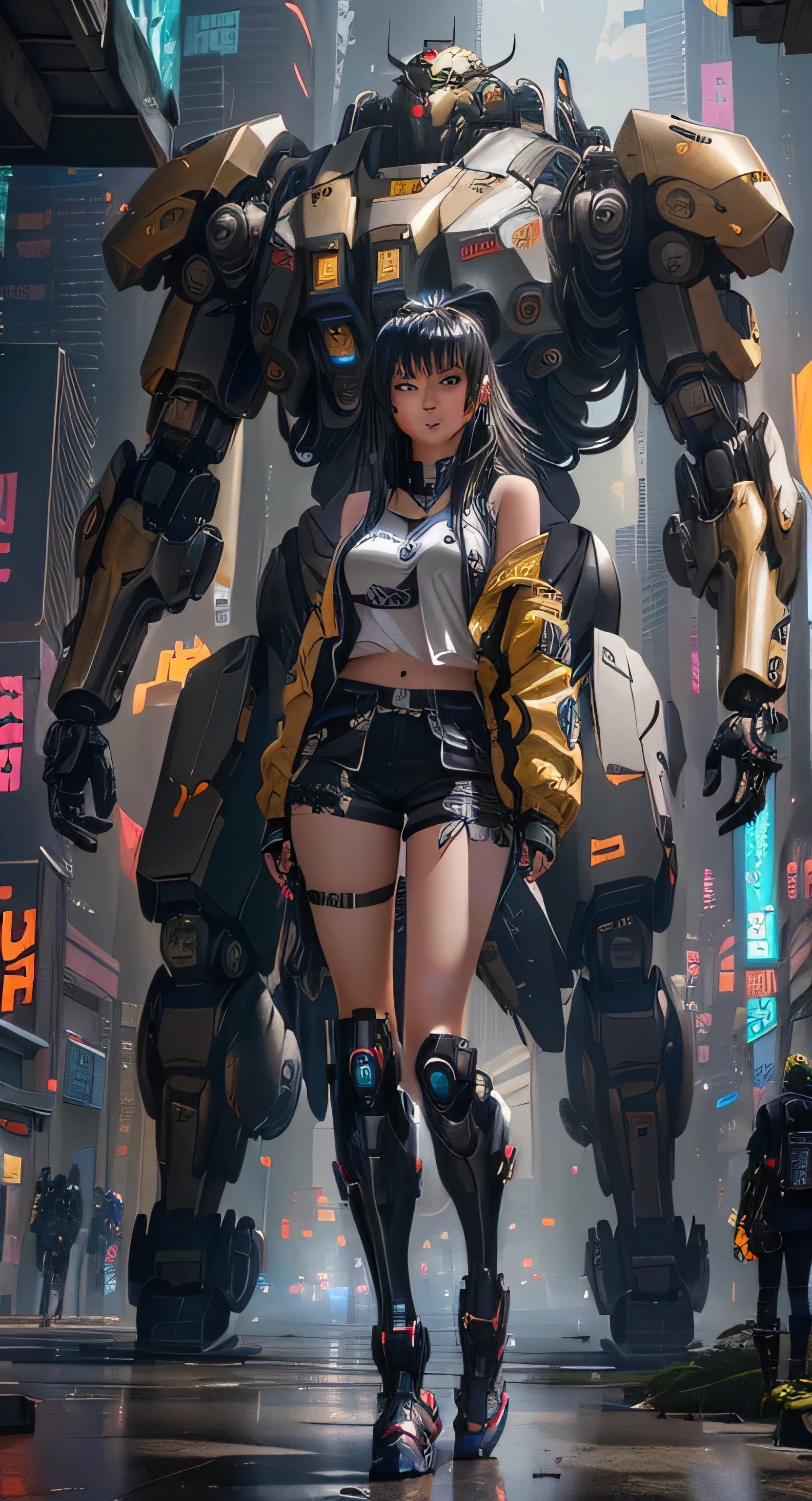arafed woman in short shorts and boots standing in front of a giant robot, cyberpunk anime girl mech, girl in mecha cyber armor, digital cyberpunk anime art, in cyberpunk style, female mecha, cyberpunk art style, digital cyberpunk - anime art, cgsociety and fenghua zhong, cyberpunk anime girl, [ trending on cgsociety ]!!