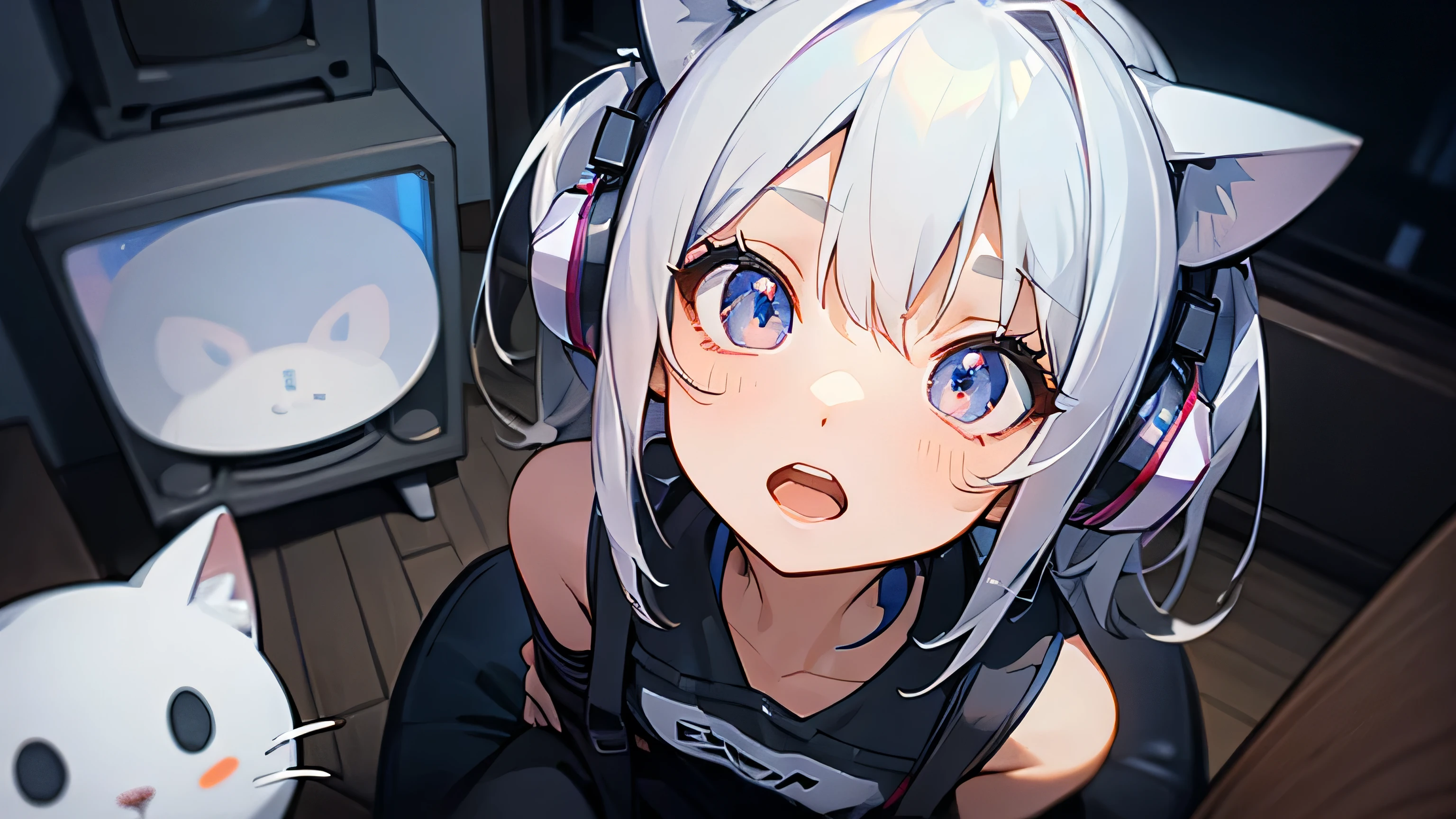 Room with speakers、Cat with headphones、Face close-up、night、Silver Hair、Looking up with open mouth、Sitting in a chair