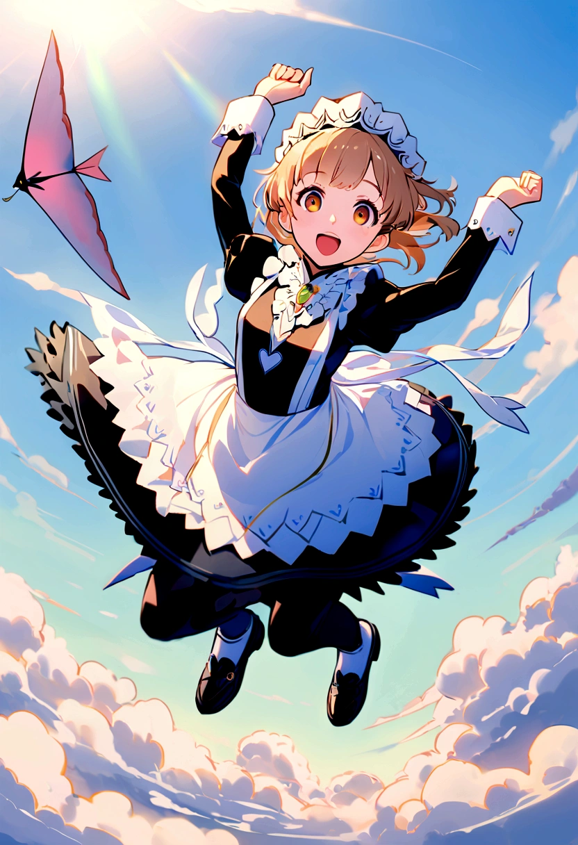 Maid、Maid服、beautiful girl、Maidの衣装、Frills fluttering in the wind、ビルの合間をJumpする、there is a man that is Jumping in the air with a kite, Leap into the air, Jump pose, Jumping towards viewer, horizontally Leap!!!, Jumping for joy, Leap, Aerial浮揚, Rise from the ground, Leap towards viewer, ultra - high Jump, Jumping, Leap with arms up, Aerial, Jump