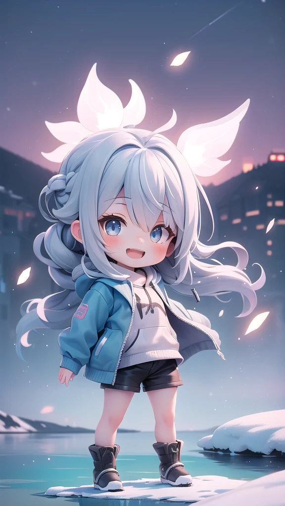 (Masterpiece), 1 girl, French twist, Asymmetrical edges, coral eyes, By the frozen lake, micro shorts, maximum, view, Chibi, Close one eye, open mouth, smile, look at viewer, Sparks,cool gray hair,black boots,Osaka city background,32k,khd,