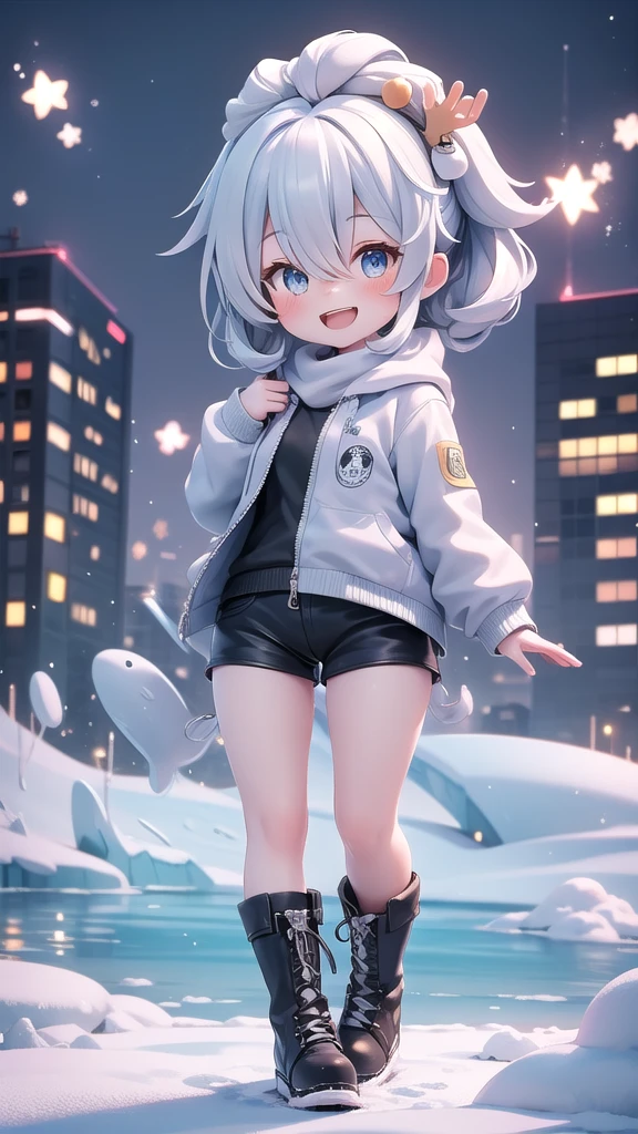 (Masterpiece), 1 girl, French twist, Asymmetrical edges, coral eyes, By the frozen lake, micro shorts, maximum, view, Chibi, Close one eye, open mouth, smile, look at viewer, Sparks,cool gray hair,black boots,Osaka city background,32k,khd,