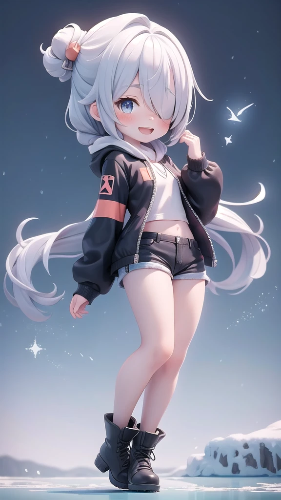 (Masterpiece), 1 girl, French twist, Asymmetrical edges, coral eyes, By the frozen lake, micro shorts, maximum, view, Chibi, Close one eye, open mouth, smile, look at viewer, Sparks,cool gray hair,black boots,Osaka city background,32k,khd,