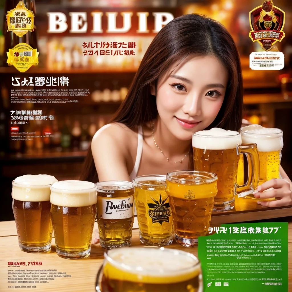 Beer promotion flyer, beauty asian, holding 2 glasses of beer