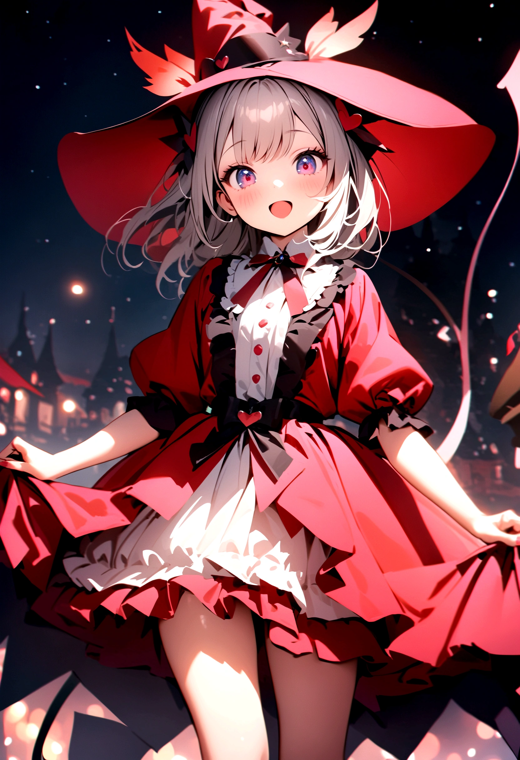woman，((Lovely),beautiful eyes，make up，(Smile),open mouth,(Double tail),pink,night，masterpiece,high resolution,Surrealism,提high resolution,original photo,Best quality，Looking down at the audience，Little Witch