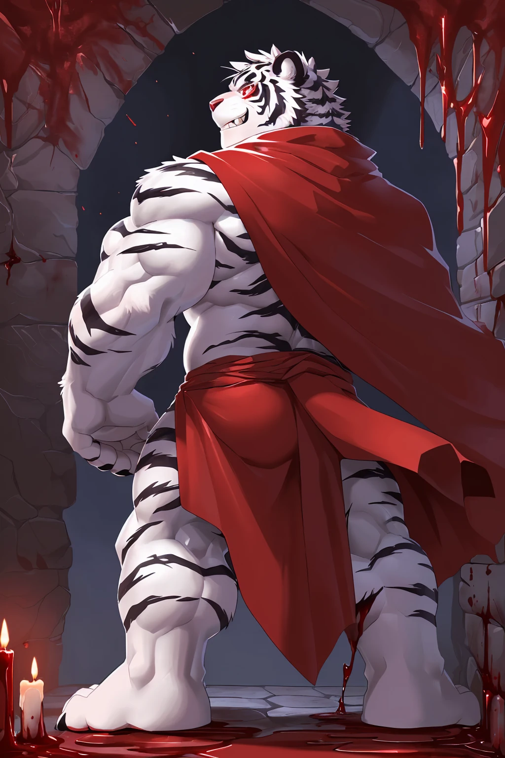 (sfw:1.5), male focus, pharmacist, Handsome 1boy, solitary，Back photo，single, (Black nails, Black claws, White feet, White feet底板:1.4), White hair, White skin, (Black tiger stripe:1.5), (Black tiger stripes on arms, Black tiger stripes on legs, Black stripes on arms, Black stripes on legs:1.4), (White tail:1.3), White Teeth, (White fangs, Exquisite fangs, Perfect fangs:1.5), Delicate teeth, Perfect Teeth, (Perfect red eyes:1.4), (White body:1.3), 
White Tiger, White Tiger, dragon boy, dragon body, feet, (evil eyes, big eyes, large eyes:1.5), (Chubby, The body is huge, Larger face:1.3), Human feet, (Four toes:1.4), 
(Red cloth wrapped around the crotch, Blood red cape:1.5), (Topless:1.1), (Wearing a blood-red wreath on the head:1.3),(The cloak is covered in blood:1.5), (Blood red dagger:1.3), 
(full body:1.2), Back view, (Middle-aged men, Mature men:1.4), (Strong body, muscle,Strong male, muscle男:1.3), (Bare legs, Strong and strong legs, Strong legs， bare arm, Thick arms:1.3), (Standing, Turn your back, Back, Profile:1.4), (With your back to the audience, Looking at the audience, Focus, Eyes gaze:1.1), confidence, arrogant, pride, , (evil smile, evil grin, Smirk, evil smile, Evil smile:1.5), (手上拿着Blood red dagger:1.4), 
full background, Stone brick floors, Stone Wall, indoor, (Potion Rack, Wooden frame, Pharmacy potion bottle:1.2), night, Candle,, Dim environment, (blood, Blood is all around, Blood falling in the air, 四处飞溅的blood:1.5),
Mysterious and romantic atmosphere, Caustic lines(refraction, polarization)Perfect anatomical structure, absurd, Detailed background, (Delicate eyes:1.3),Printing style。((artist:Takemoto Arashi))