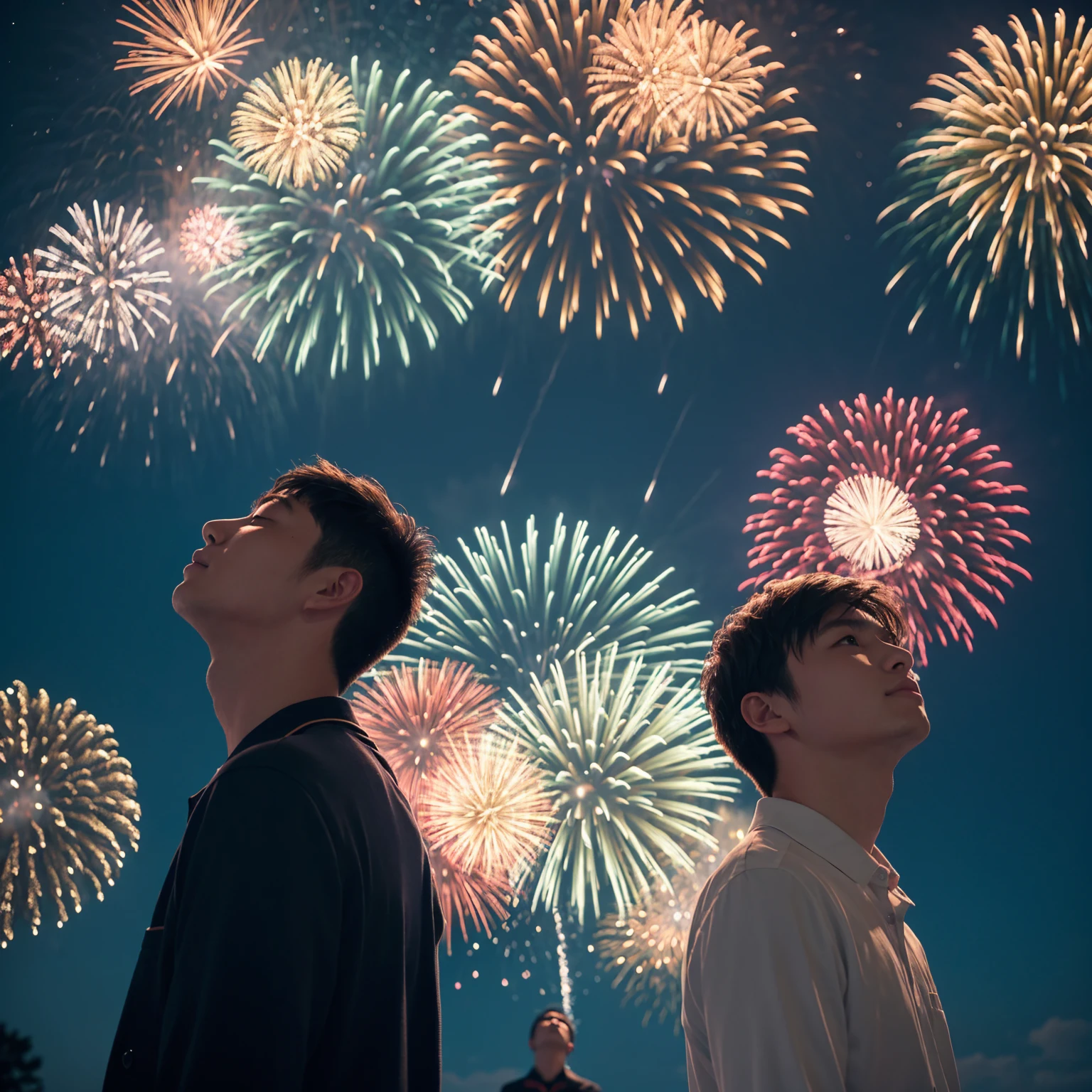 Two men in their 20s、Under the sky where fireworks are bursting at night、Back to back, looking up at the sky。