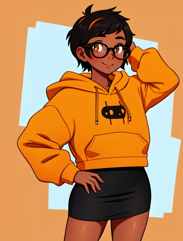 1girl, solo, 20 year old college student, she has tan-bronze skin with some freckles, short black hair with orange highlights, amber colored eyes, (Wearing a yellow hoodie, black pencil skirt and glasses), college background
