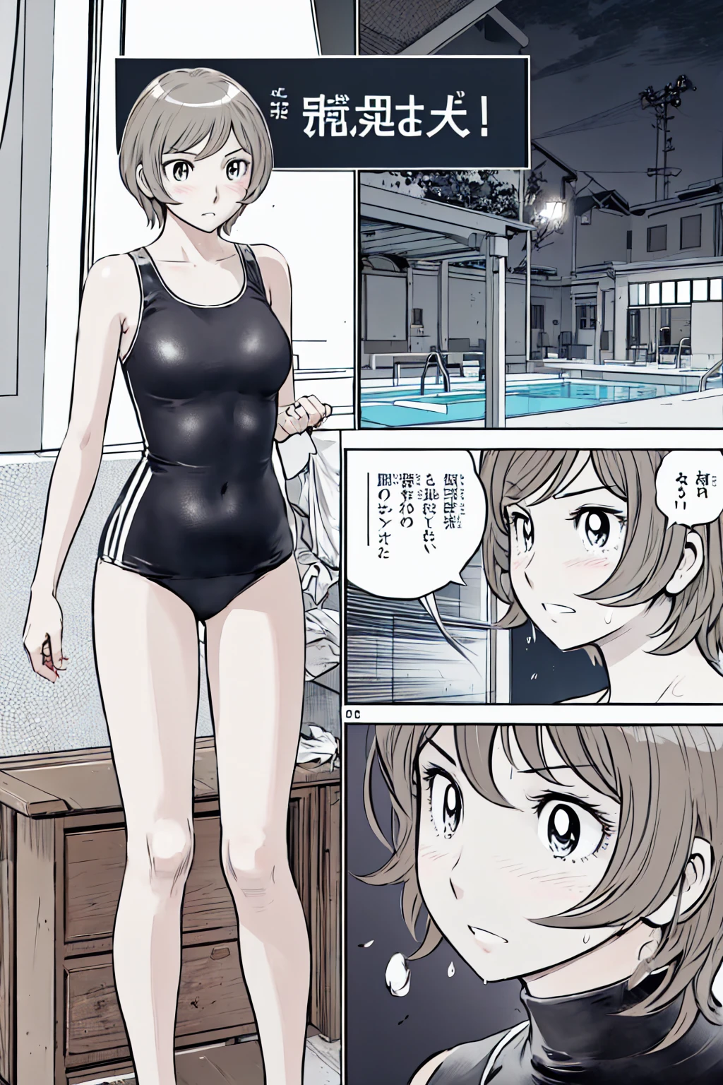 Blonde, (short hair:1.2)、((Illustration of a person))、Big Breasts、
View your viewers,, (Highest quality:1.3),blue eye star piece、Highest quality)、Highest quality, Ultra-high resolution, (((masterpiece))), alone, Sweat、Big eyes、Big Breasts、One Girl, Front view、Embarrassed face、Bronze colored hair、((short hair))、One Girl, alone, blush, Big Breasts,
Bare arms, Wet, Pool, 青いSchool Swimsuit, Thighs, Place your arms at your sides, Bare arms, Cowboy Shot, Are standing, School Swimsuit,bite、High Leg、mansuji