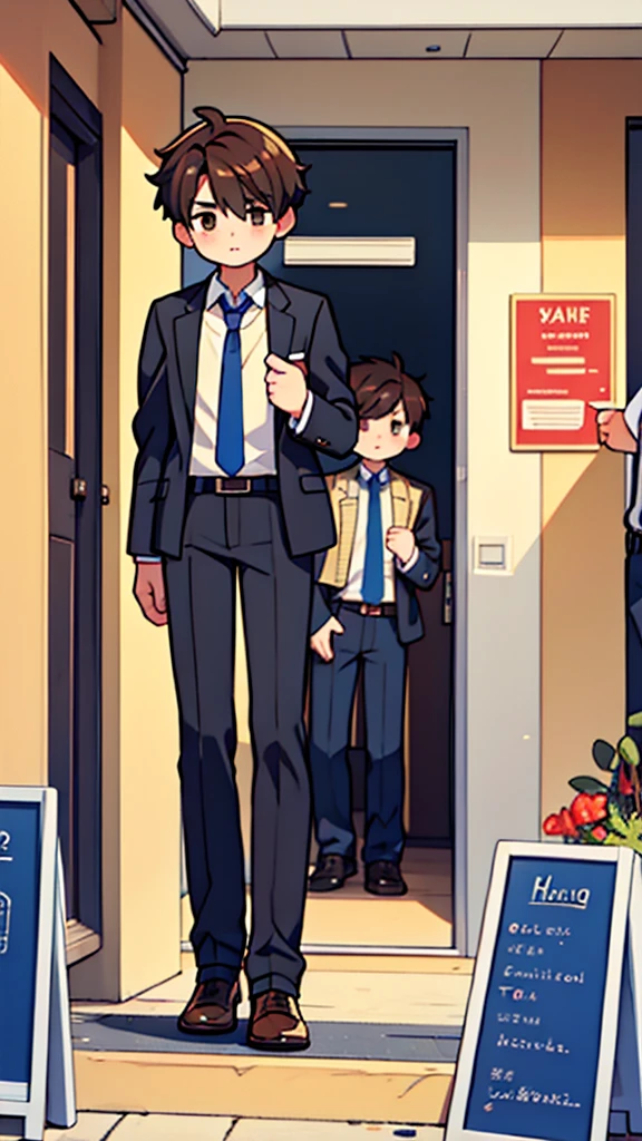 two boys, a short one with black hair and a tall one with brown hair, the two in at the school entrance