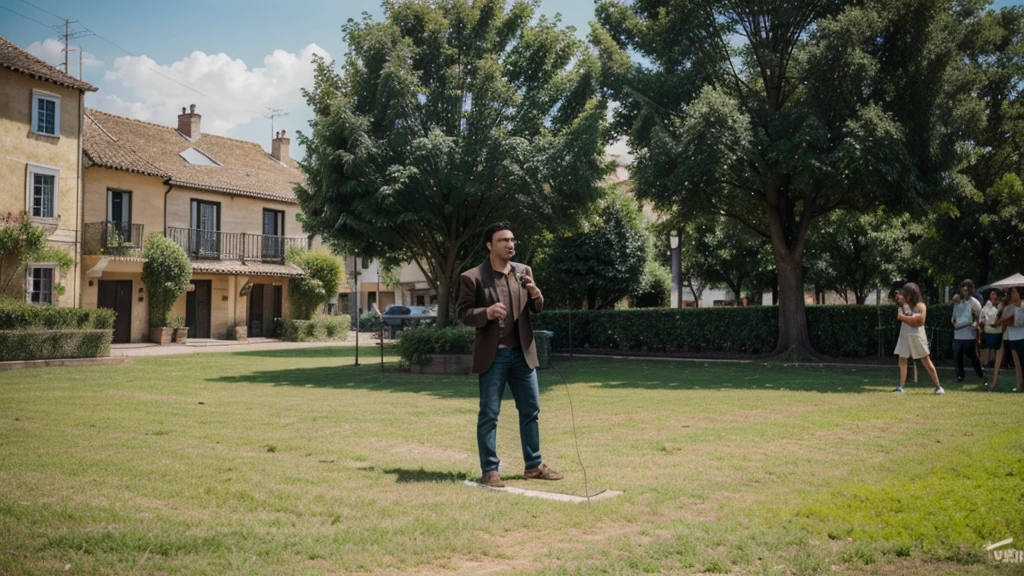 illustrates a man speaking in public in front of many people in a square with vegetation and houses on the sides