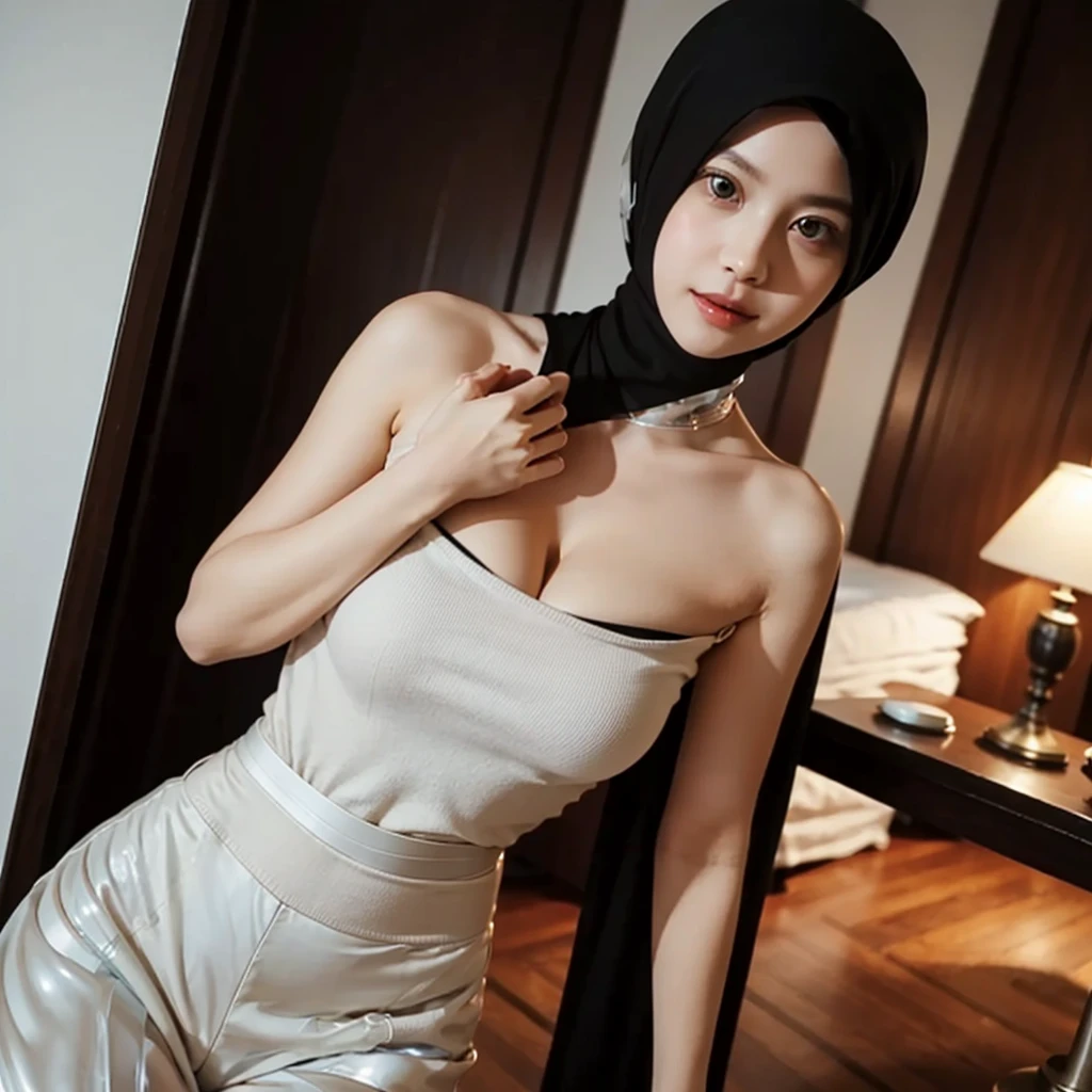 ((Realistic lighting, Best quality, 8K, Masterpiece: 1.3)), ((Clear focus:1.8)), 1 Pretty hijab girl, (Smile:0.7) BREAK (Perfect beauty, Super fine Beautiful face, Fine beautiful eyes Detail, Big drooping long-slitted eyes, Hyper detail eyes:1.4) BREAK ((Sloped shoulder, Narrow shoulders, Thin upper chest, Thin under the chest, Thin waist:1.5), (Taut Very huge breasts, Soft and well-shaped breasts:1.4)) BREAK (Dark brown hijab), (exquisite Beautiful facial features) BREAK (White, Sleeveless Turtleneck Tight Knit:1.5, Knit short tight skirts) BREAK (indoor, Night, Random Posing, Random angle:1.3), in front of the entrance of a five-star hotel, Double eyelids, Open legs, ((Show thigh)),