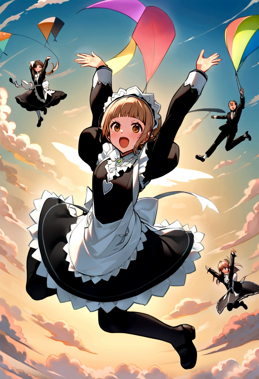 Maid、Maid服、beautiful girl、Maidの衣装、Frills fluttering in the wind、ビルの合間をJumpする、there is a man that is Jumping in the air with a kite, Leap into the air, Jump pose, Jumping towards viewer, horizontally Leap!!!, Jumping for joy, Leap, Aerial浮揚, Rise from the ground, Leap towards viewer, ultra - high Jump, Jumping, Leap with arms up, Aerial, Jump