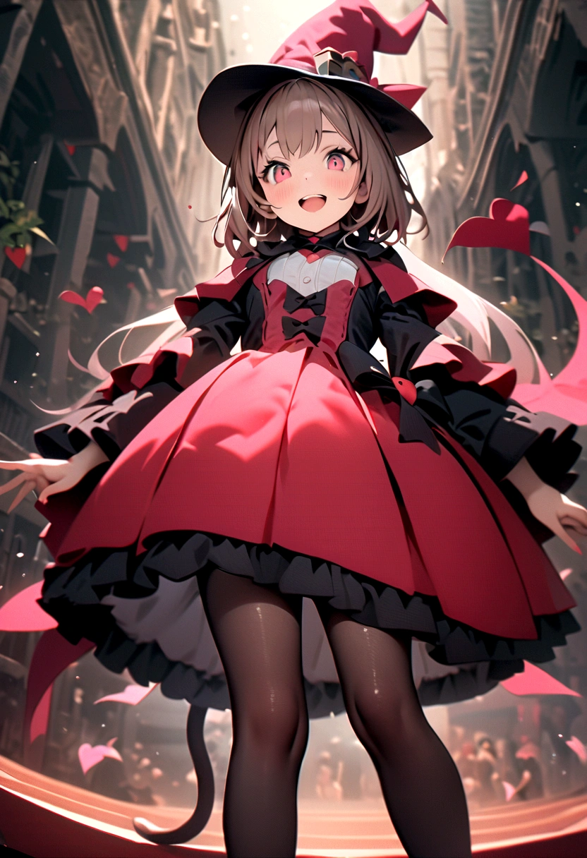 woman，((Lovely),beautiful eyes，make up，(Smile),open mouth,(Double tail),pink,night，masterpiece,high resolution,Surrealism,提high resolution,original photo,Best quality，Looking down at the audience，Little Witch