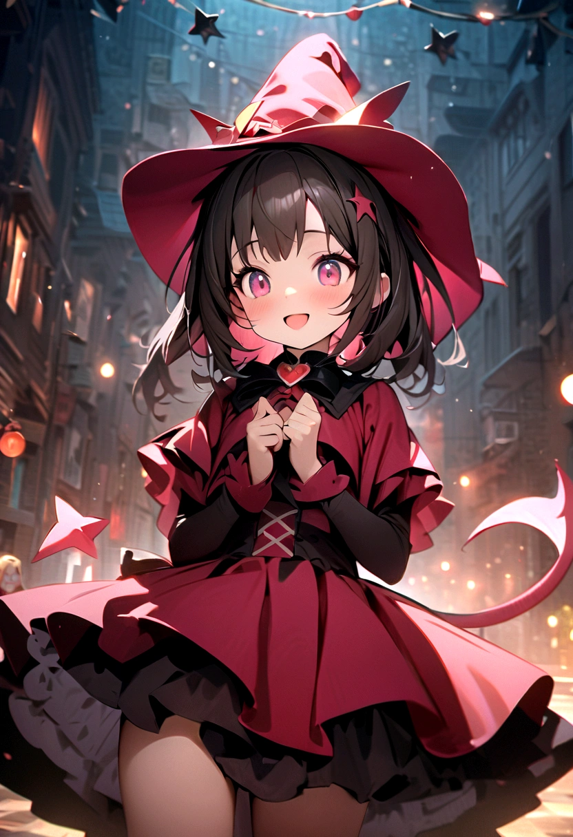 woman,((Lovely),beautiful eyes,make up,(Smile),open mouth,(Double tail),pink,night,masterpiece,high resolution,Surrealism,提high resolution,original photo,Best quality,Looking down at the audience,Little Witch