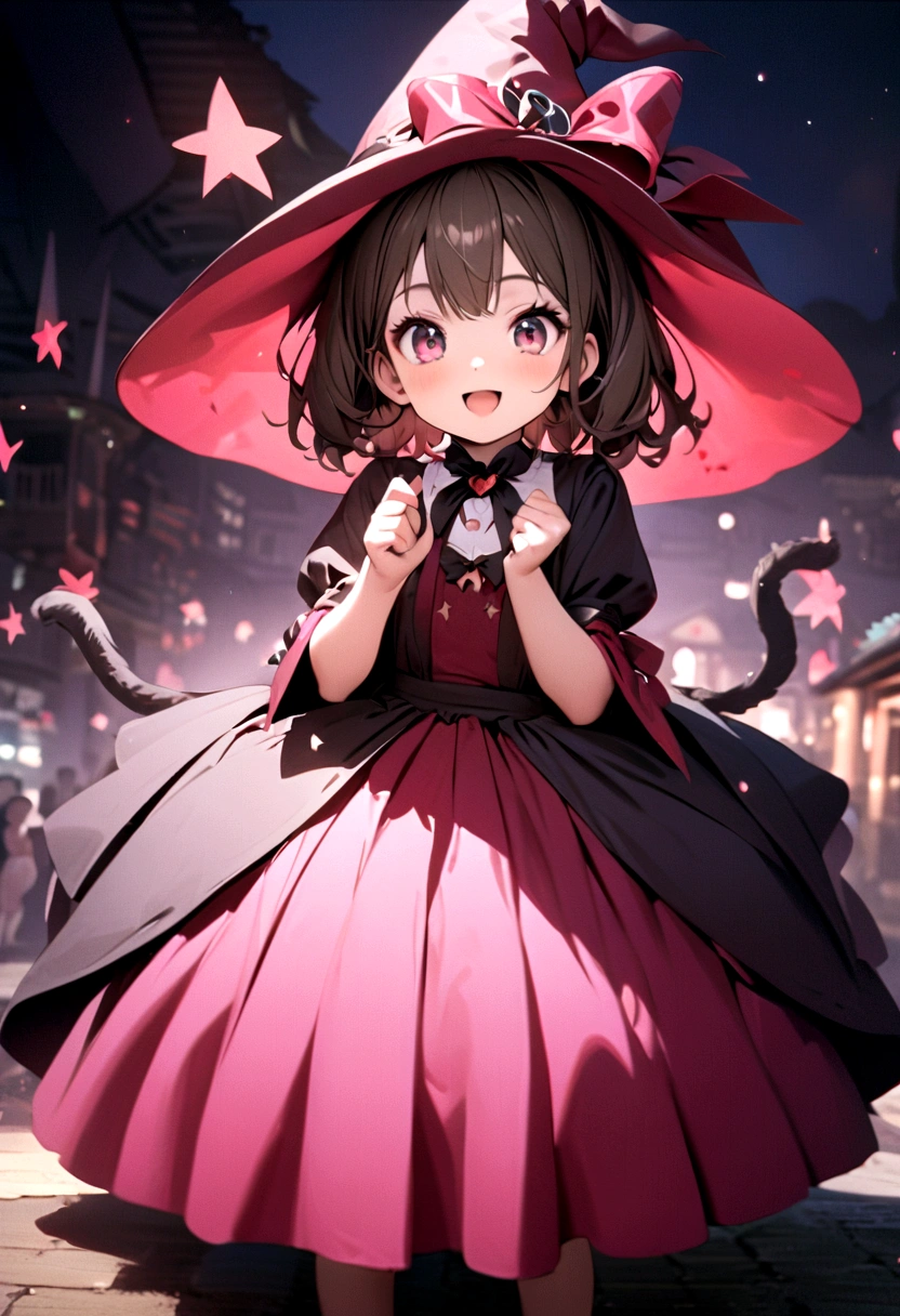 woman,((Lovely),beautiful eyes,make up,(Smile),open mouth,(Double tail),pink,night,masterpiece,high resolution,Surrealism,提high resolution,original photo,Best quality,Looking down at the audience,Little Witch