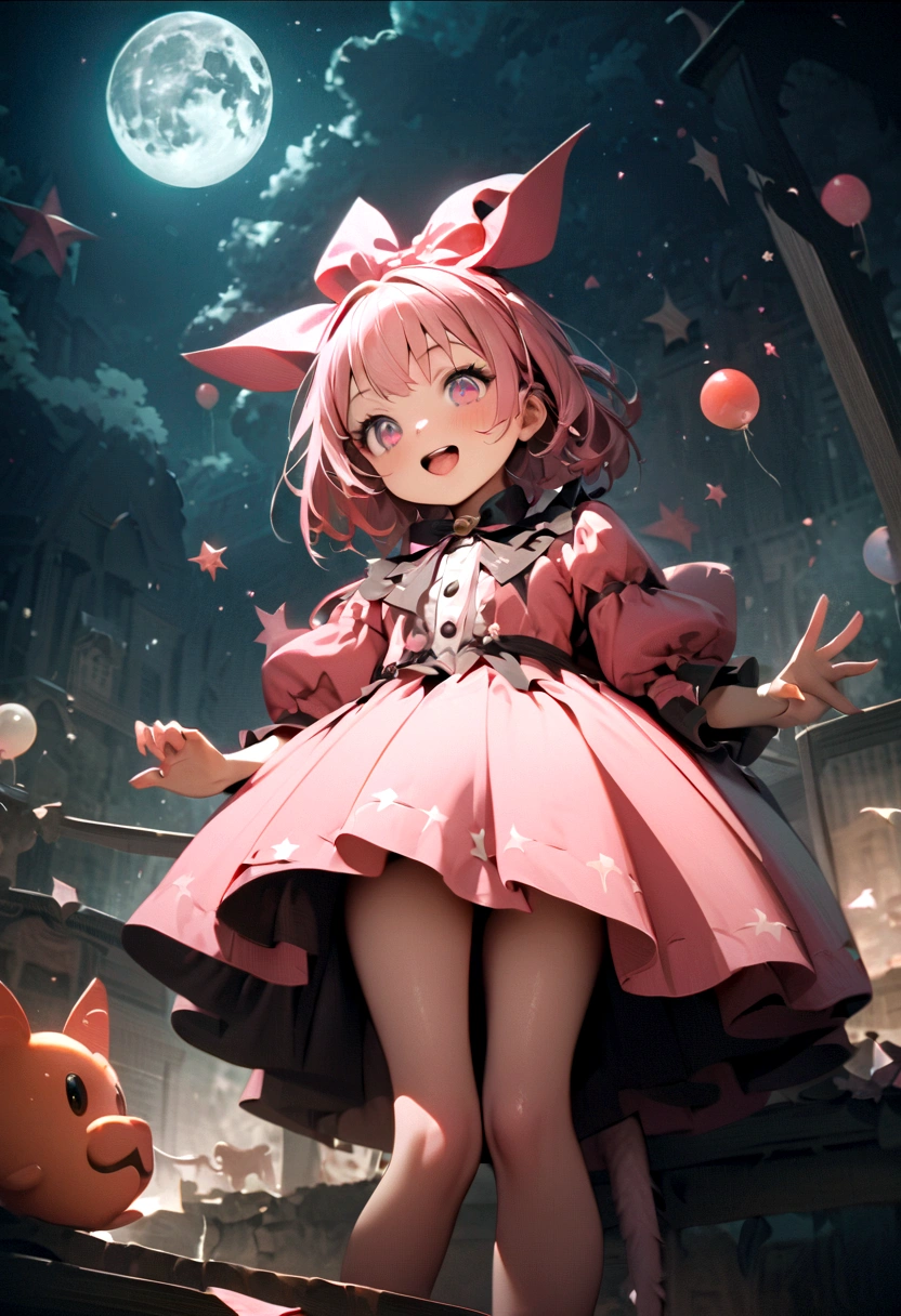 woman，((Lovely),beautiful eyes，make up，(Smile),open mouth,(Double tail),pink,night，masterpiece,high resolution,Surrealism,提high resolution,original photo,Best quality，Looking down at the audience，Little Witch