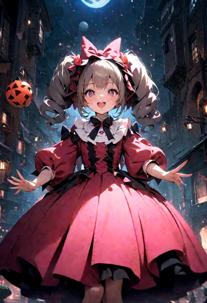 woman,((Lovely),beautiful eyes,make up,(Smile),open mouth,(Double tail),pink,night,masterpiece,high resolution,Surrealism,提high resolution,original photo,Best quality,Looking down at the audience,Little Witch