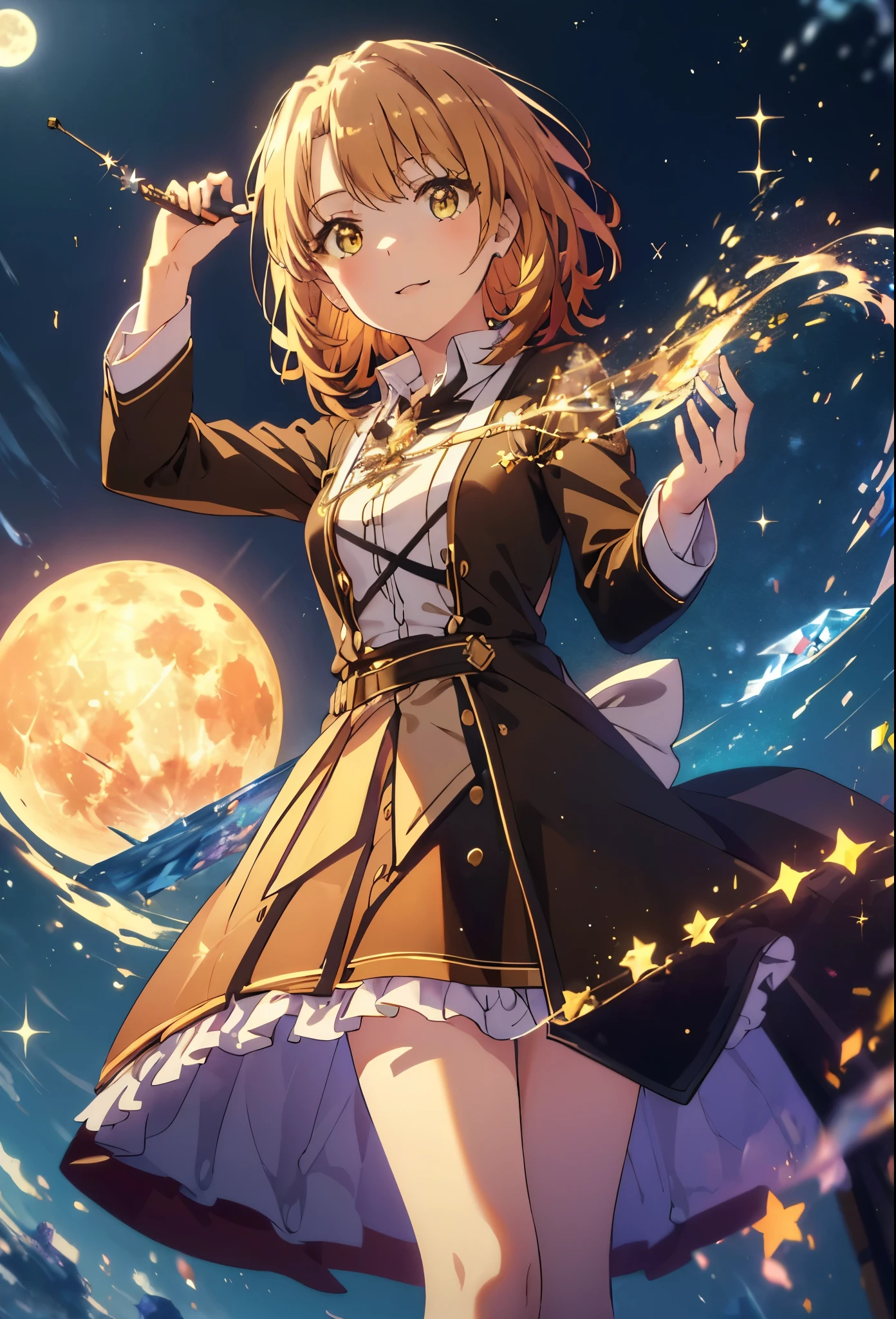 Irohaisshiki, isshiki iroha, Short Hair, Brown Hair, (Brown eyes:1.5), smile,((Night Sky)),((Big full moon)),((Sparkling and colorful stars)),Fluffy hair,((Idol style costume with soft volume)),Long skirt,Pointed shoes,Possessing a crystal-studded magic wand grip in his right hand,((witch)),(magic wand with a jewel on the tip),Rubik&#39;s Square,So that the whole body goes into the illustration,
break outdoors, forest,forest
break looking at viewer,
break (masterpiece:1.2), Highest quality, High resolution, unity 8k wallpaper, (shape:0.8), (Narrow and beautiful eyes:1.6), Highly detailed face, Perfect lighting, Highly detailed CG, (Perfect hands, Perfect Anatomy),