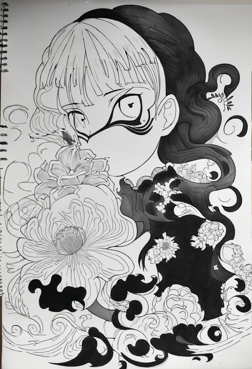 (Anime line drawing:1.5)，(Black and White:1.45)，Minimalism，(Line Art:1.6)，sketch，charcoal drawing，mask，flower,Illustration in surreal art style，surreal dream，Dubrec style,(Multiple Exposure：1.8),art for Coloring Book page, 全White背景, Use only contours, Line Art, Coloring Book, clean Line Art,令人惊叹的White墨水Coloring Book页异想天开的壮丽 , White , (((((纯White背景))))), monochrome, Pure black and white, Draw clear lines, 最高品质的成人Coloring Book风格, Modern anime style, Illustration in homage to Artgerm&#39;Iconic style, Alex Brillot, and Charlie Bovoort, 以数字涂鸦Line Art风格创建, Vector clear line drawing in ink, The cutest cartoon style，Clean lines [Michael Whelan] Less detail，sharp、Clean appearance. Cartoon style inspired by bold and bright lines