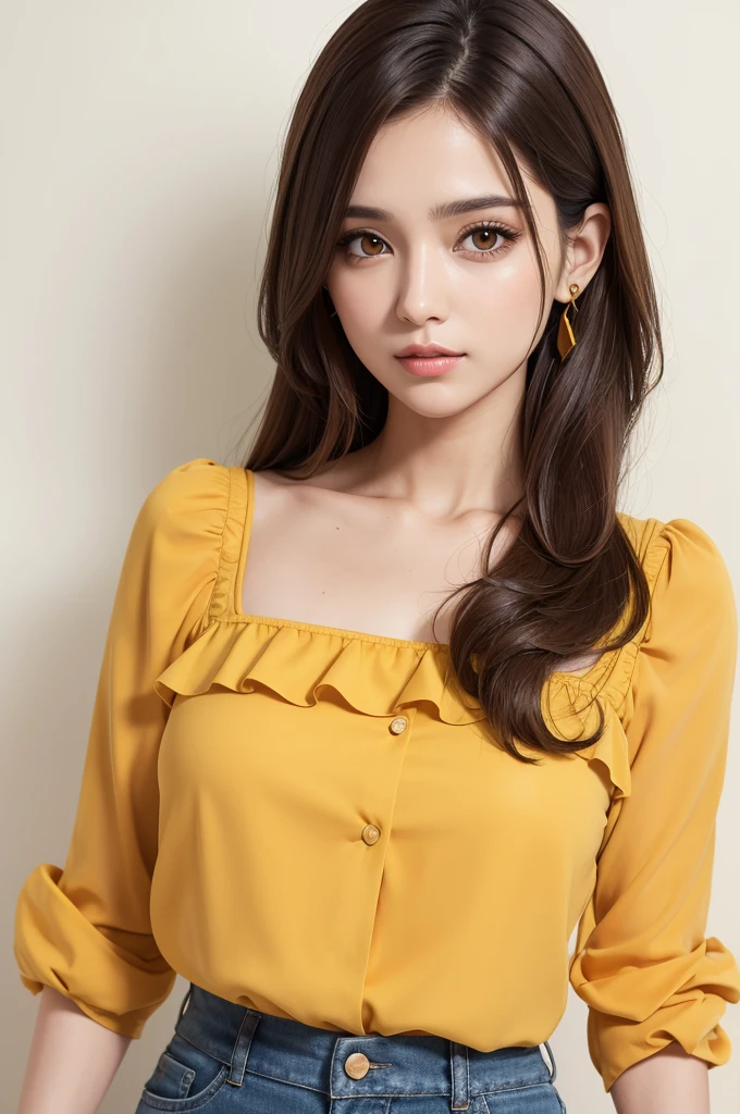 brunette brown eye yellow blouse full body with white background