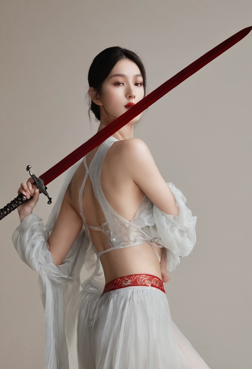 Girl with sword，Simple lines，Light underwear，（transparent），The chest is faintly visible，Cleavage，Minimalism，Holding a red long sword，