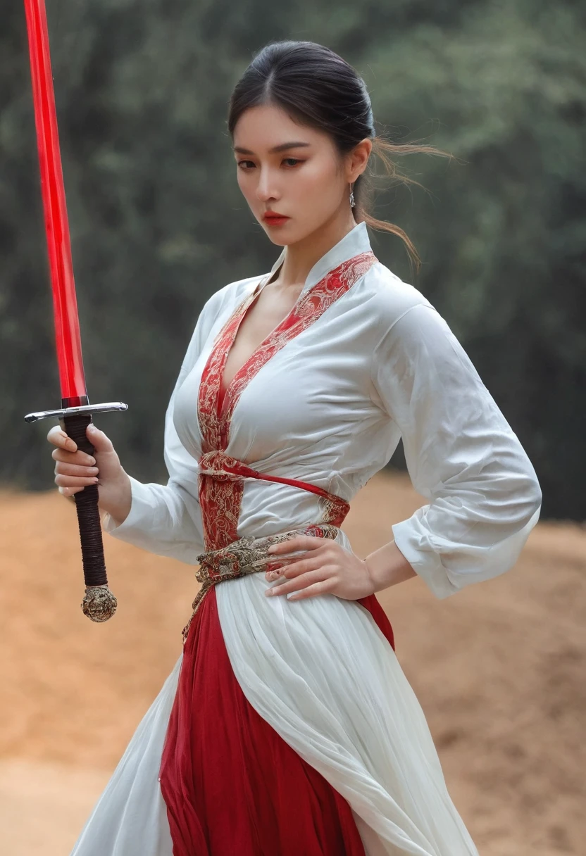 Girl with sword,Simple lines,Light underwear,(transparent),The chest is faintly visible,Cleavage,Minimalism,Holding a red long sword,