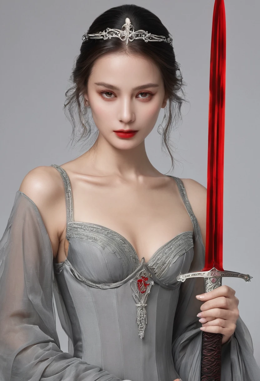 Girl with sword，Simple lines，Light underwear，（transparent），The chest is faintly visible，Cleavage，Minimalism，Holding a red long sword，