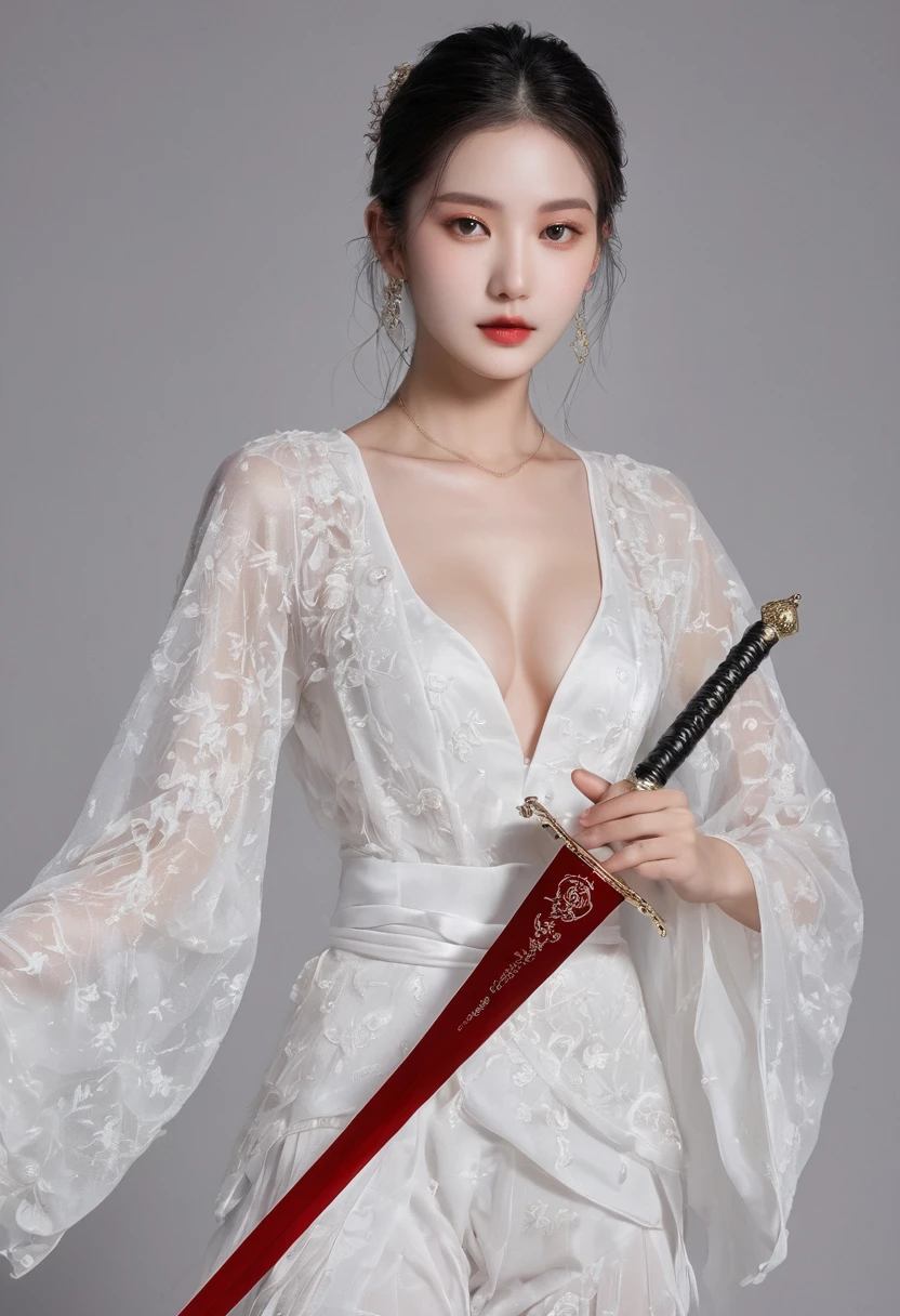 Girl with sword，Simple lines，Light underwear，（transparent），The chest is faintly visible，Cleavage，Minimalism，Holding a red long sword，