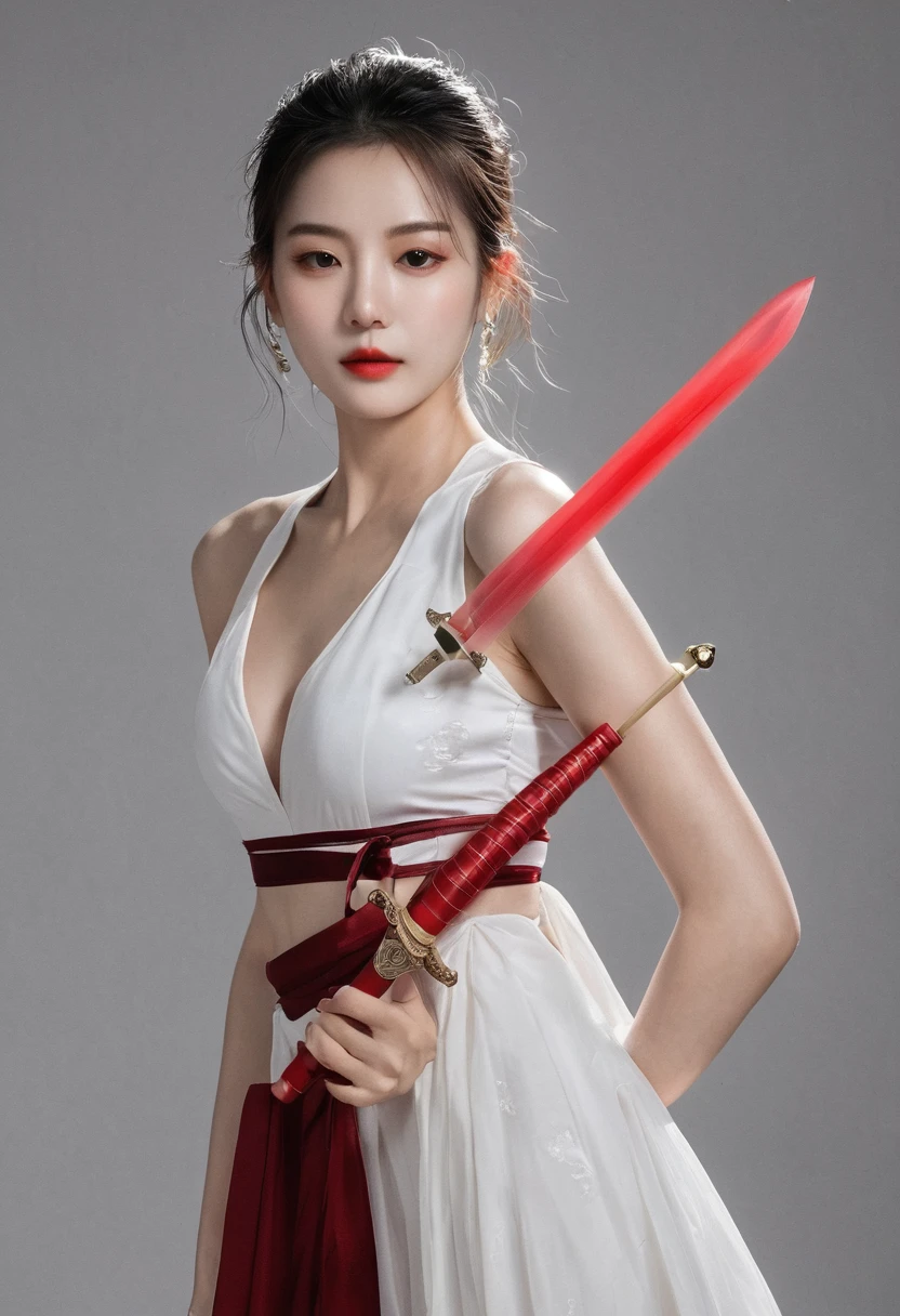 Girl with sword,Simple lines,Light underwear,(transparent),The chest is faintly visible,Cleavage,Minimalism,Holding a red long sword,