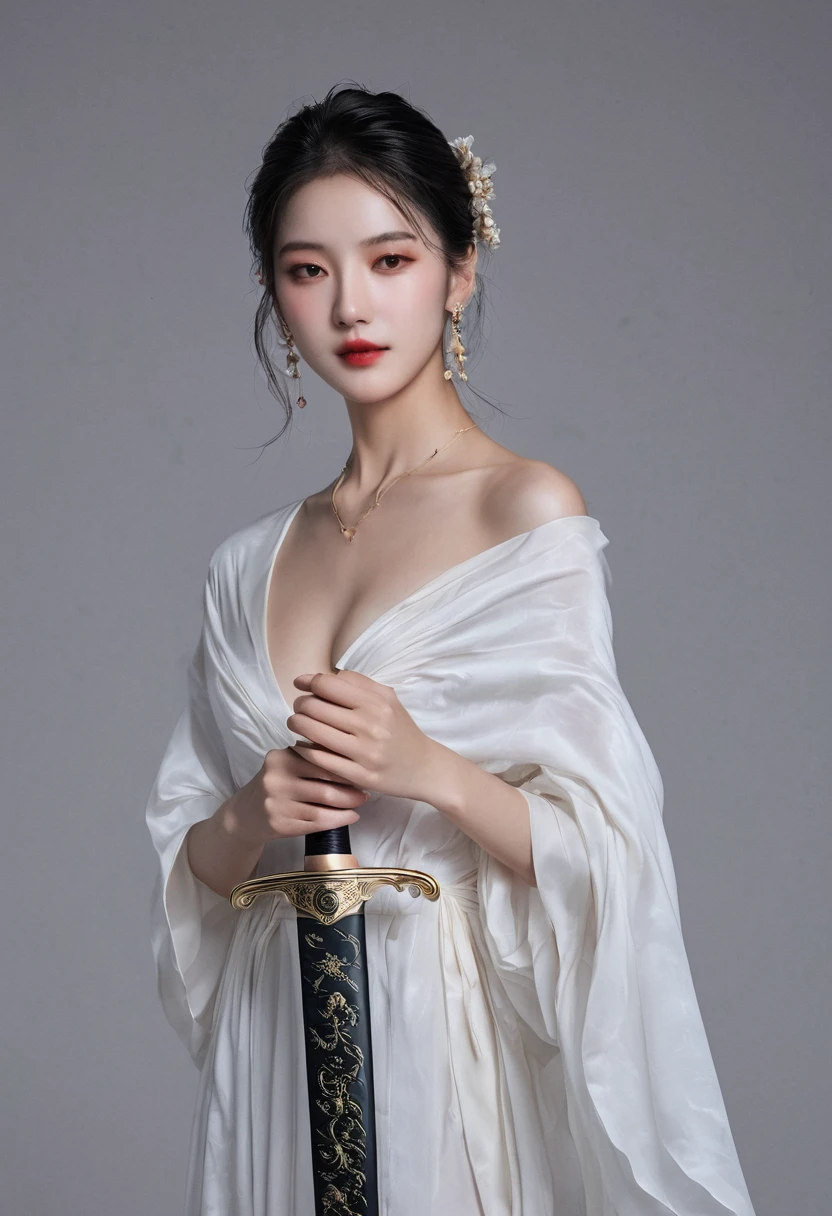 Girl with sword，Simple lines，Light underwear，（transparent），The chest is faintly visible，Cleavage，Minimalism，Holding a red long sword，