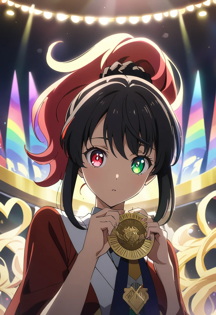 One girl, multicoloRedhead, Black Hair, Redhead, bangs, ponytail, Heart-shaped pupils, multicoloRed eyes, Heterochromia iridis, Red eyes, Green Eyes, anime, anime style, masterpiece, Attention to detail, high quality, Awards, 最high quality, High resolution