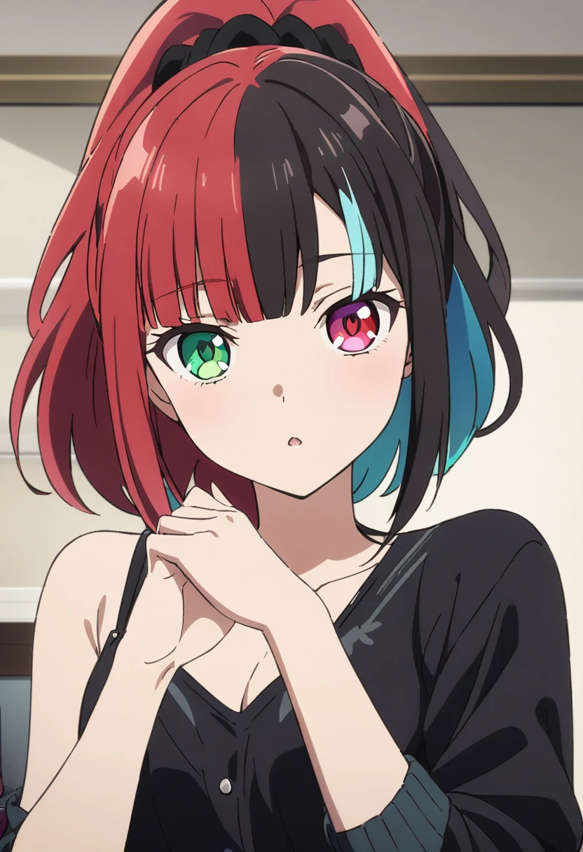 One girl, multicoloRedhead, Black Hair, Redhead, bangs, ponytail, Heart-shaped pupils, multicoloRed eyes, Heterochromia iridis, Red eyes, Green Eyes, anime, anime style, masterpiece, Attention to detail, high quality, Awards, 最high quality, High resolution