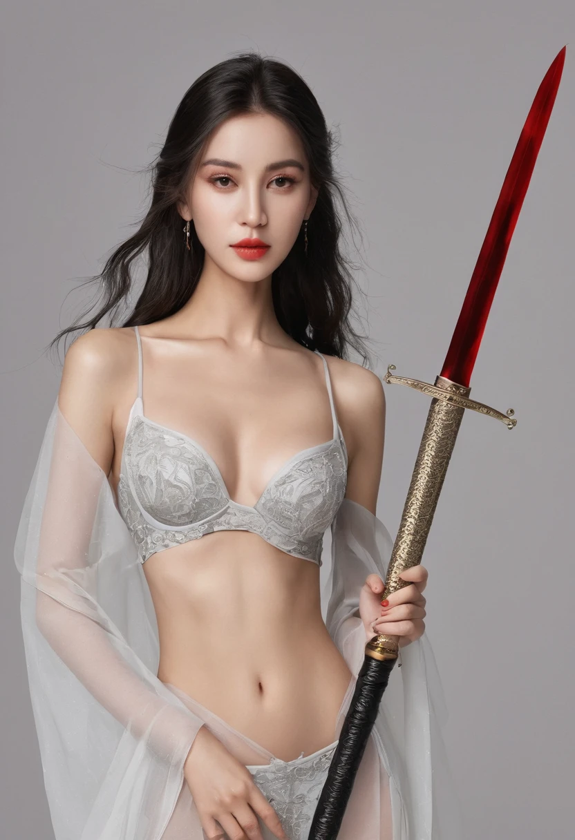 Girl with sword,Simple lines,Light underwear,(transparent),The chest is faintly visible,Cleavage,Minimalism,Holding a red long sword,