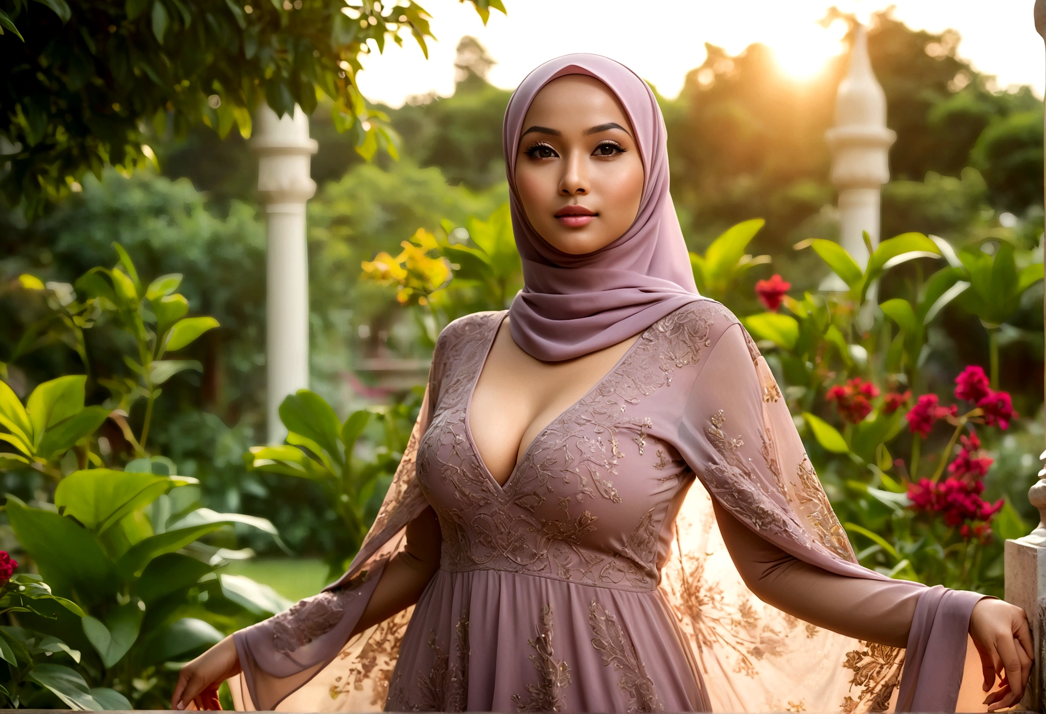 A lovely Malaysian woman (age 20, hijab no hair showing, busty, sheer summer dress (no underwear)), glamour poses in lavish garden at sunrise
