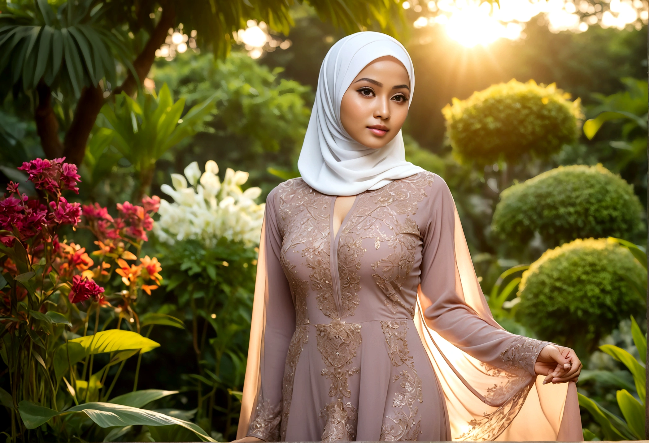 A lovely Malaysian woman (age 20, hijab no hair showing, busty, sheer summer dress (no underwear)), glamour poses in lavish garden at sunrise