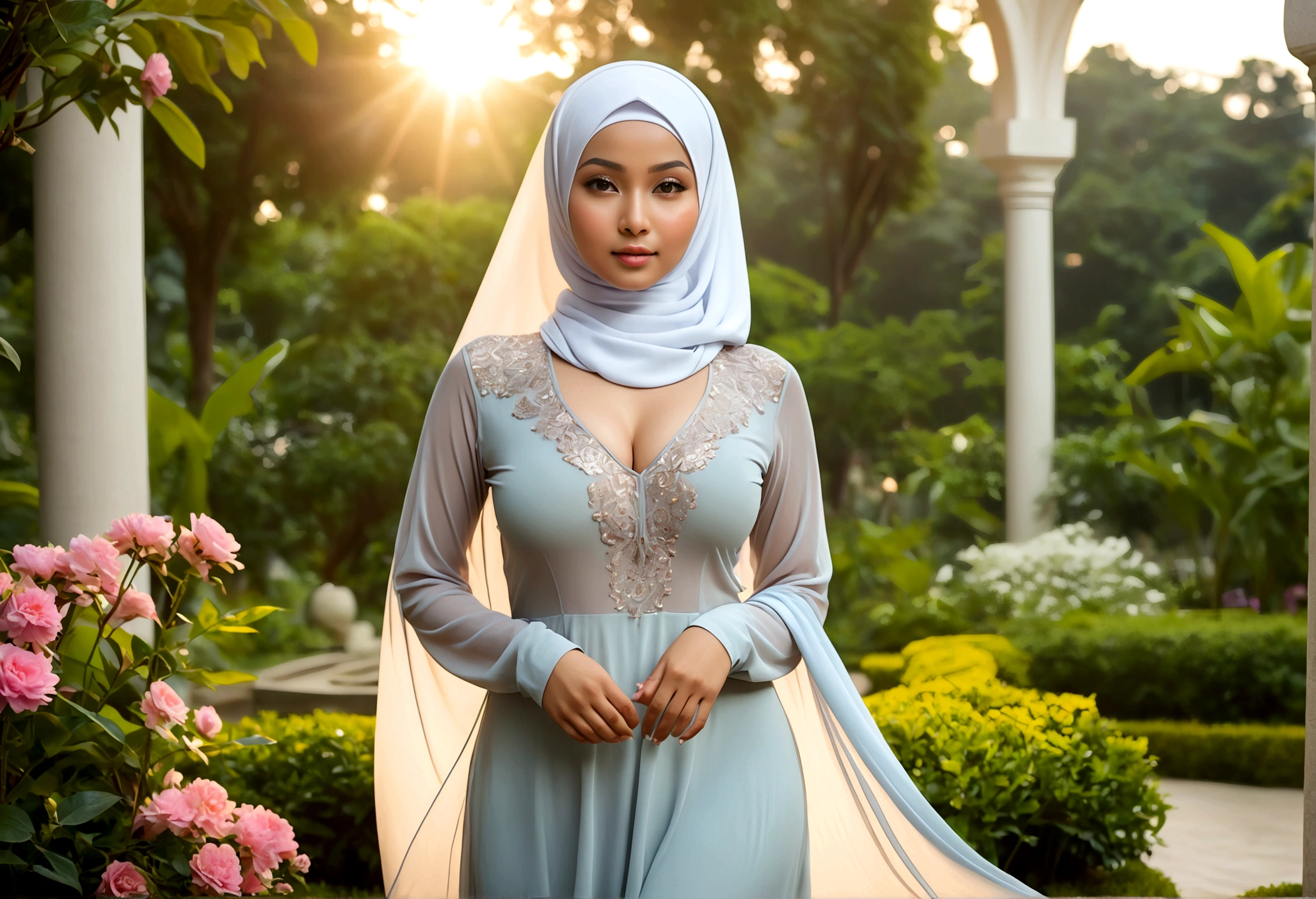 A lovely Malaysian woman (age 20, hijab no hair showing, busty, sheer summer dress (no underwear)), glamour poses in lavish garden at sunrise