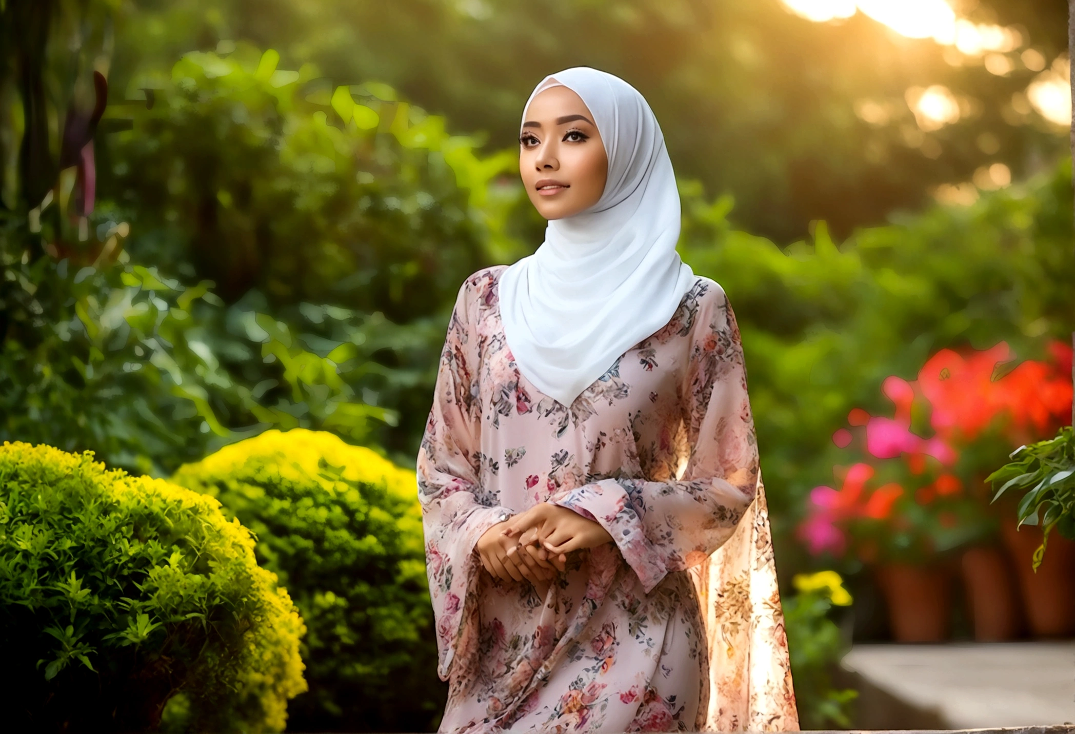 A lovely Malaysian woman (age 20, hijab no hair showing, busty, sheer summer dress (no underwear)), glamour poses in lavish garden at sunrise