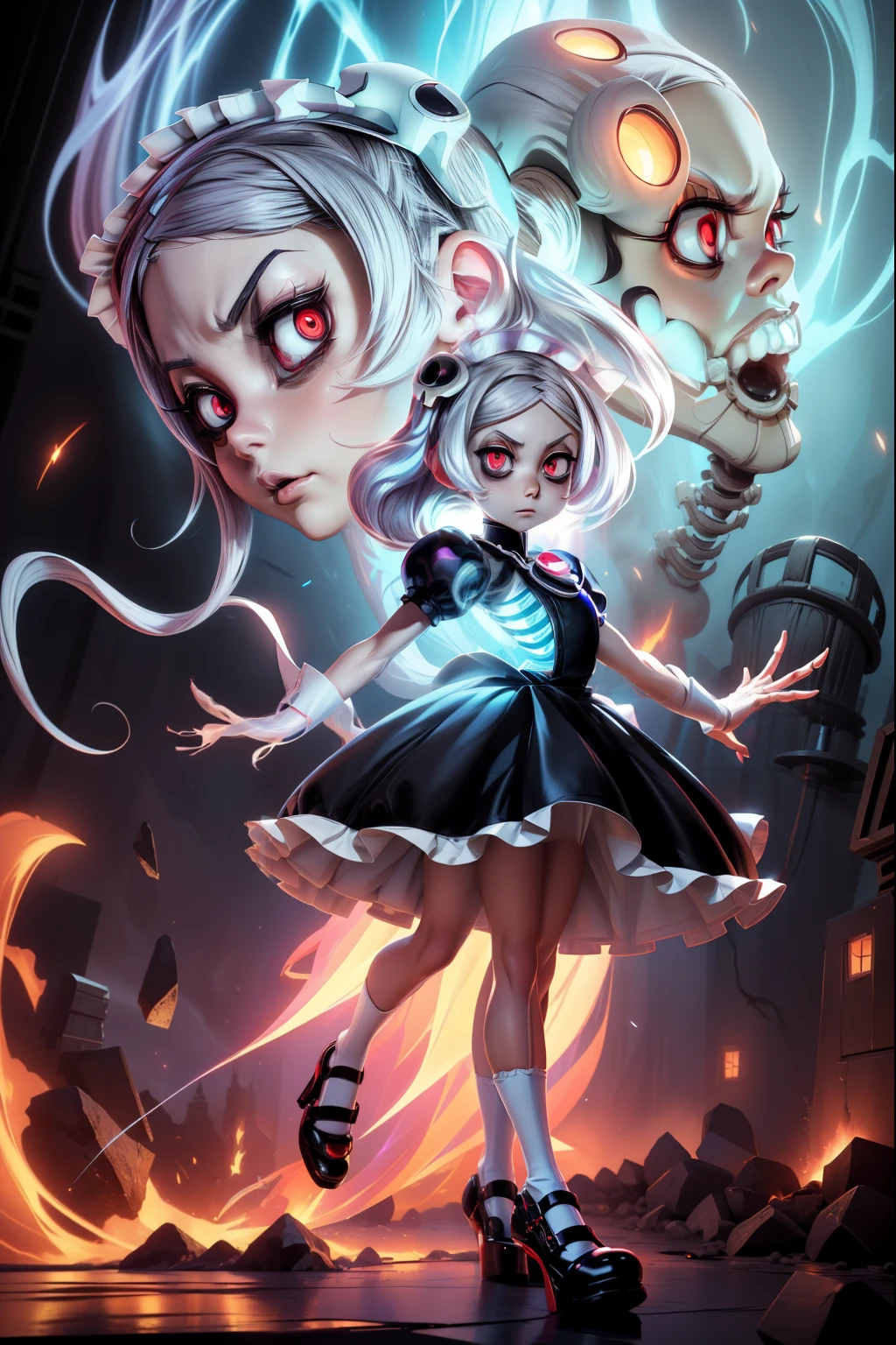 (masterpiece, best quality), marie from skullgirls, skullgirls, red pupils, blue flame on background, digital art, anime style, girl, white hair, maid outfit, serious expression, necklace with red gem , white long socks, fullbody, looking at viwer, beautiful girl, 2D anime drawing, chest, focus on chest, black heels, skeletons on background,