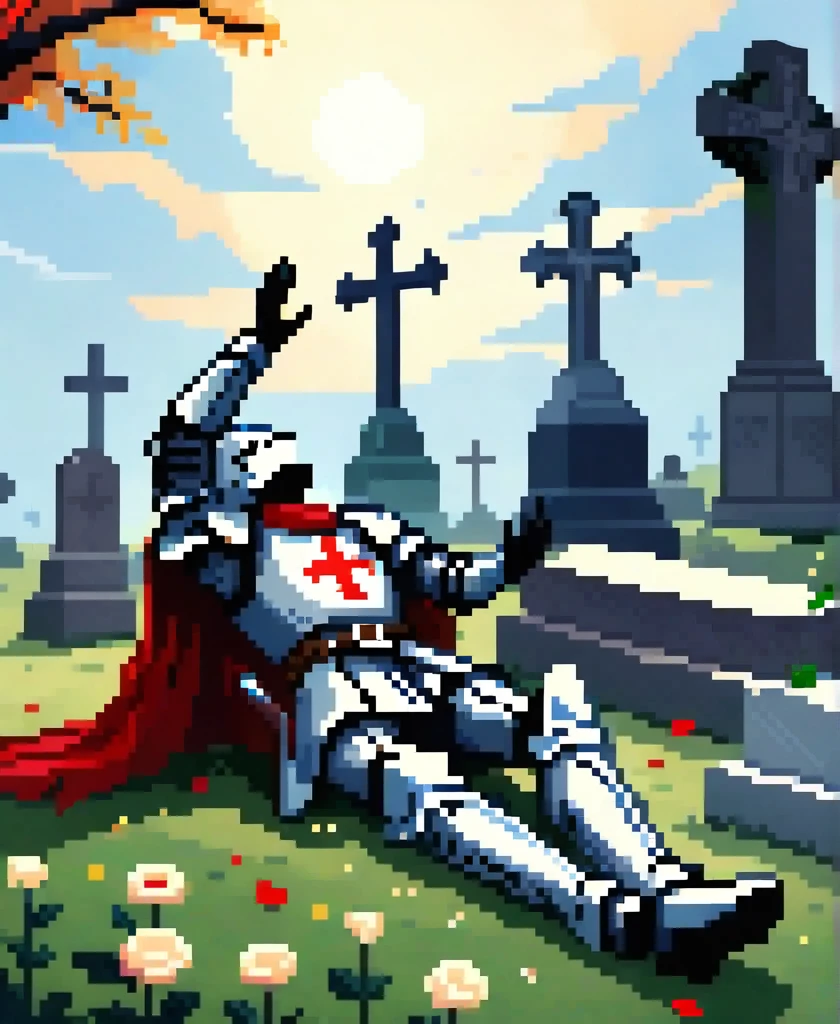 knight injured lying and raising his arm to the sky in a cemetery