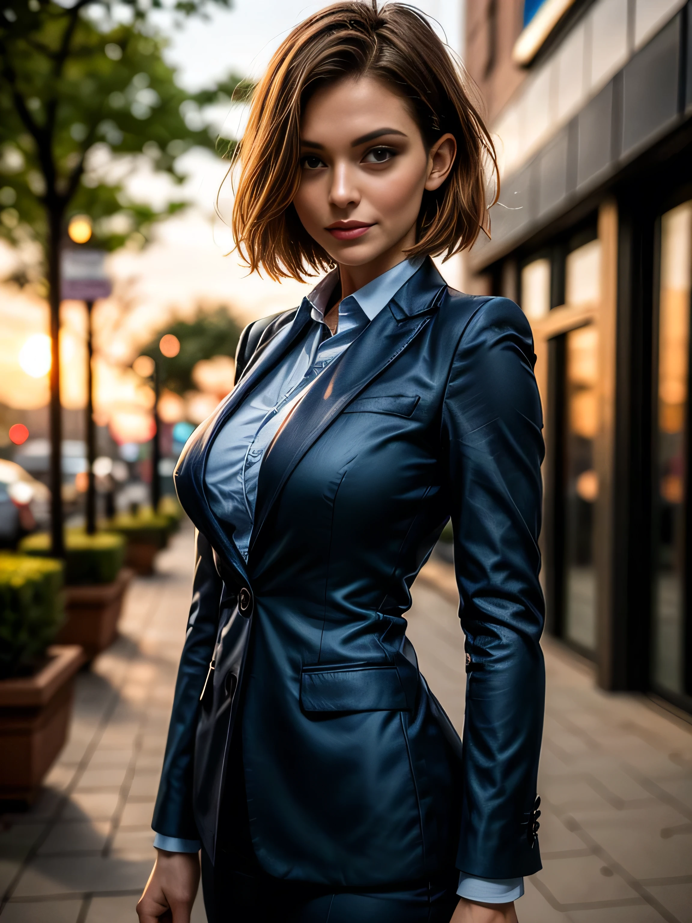 (masterpiece, photorealistic:1.4, extremely intricate:1.3, radiosity, photon mapping, dtx), ((40 year old supermodel, ((business suit, black suit coat, iceblue silk men's business shirt, serious, 45 years old)), long eyelashes, makeup:1.3)), ((([skin detail:freckles:0.9], portrait, closeup))), outdoor, park, faraway city, professional photograph mature woman, (short bob hair [dark hair:bright ginger hair:0.4], wind), BREAK ((sunset), bokeh, blurry background), BREAK, ((([small breasts:large breasts:0.3])))