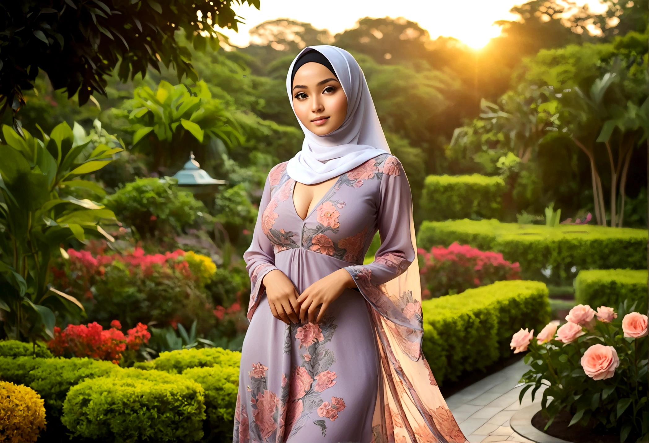 A lovely Malaysian woman (age 20, hijab no hair showing, busty, sheer summer dress (no underwear)), glamour poses in lavish garden at sunrise