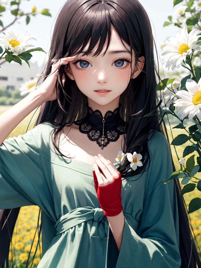 The combination of women and flowers，a girl，There are many flowers on the body，Open your hands and face the camera，As if he had something to say