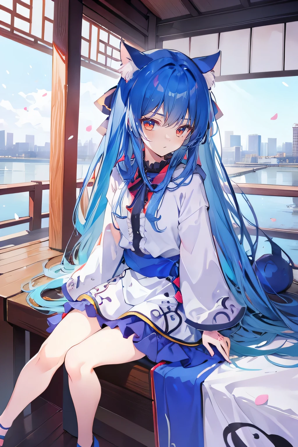 (masterpiece:1.2),Super detailed,lifelike,Expressive eyes,fair skin,perfect face shape,1 girl,
Japanese comics,Gorgeous blue hair,flowing blue hair,flowing clothes,Cat ears,Petals fall,beautiful lola,Baby Angel,
Cross your legs,Gentle and peaceful background,The pavilion is cool and comfortable,smile, wearing hoodie, background of tokyo,back views,snowing, winter.