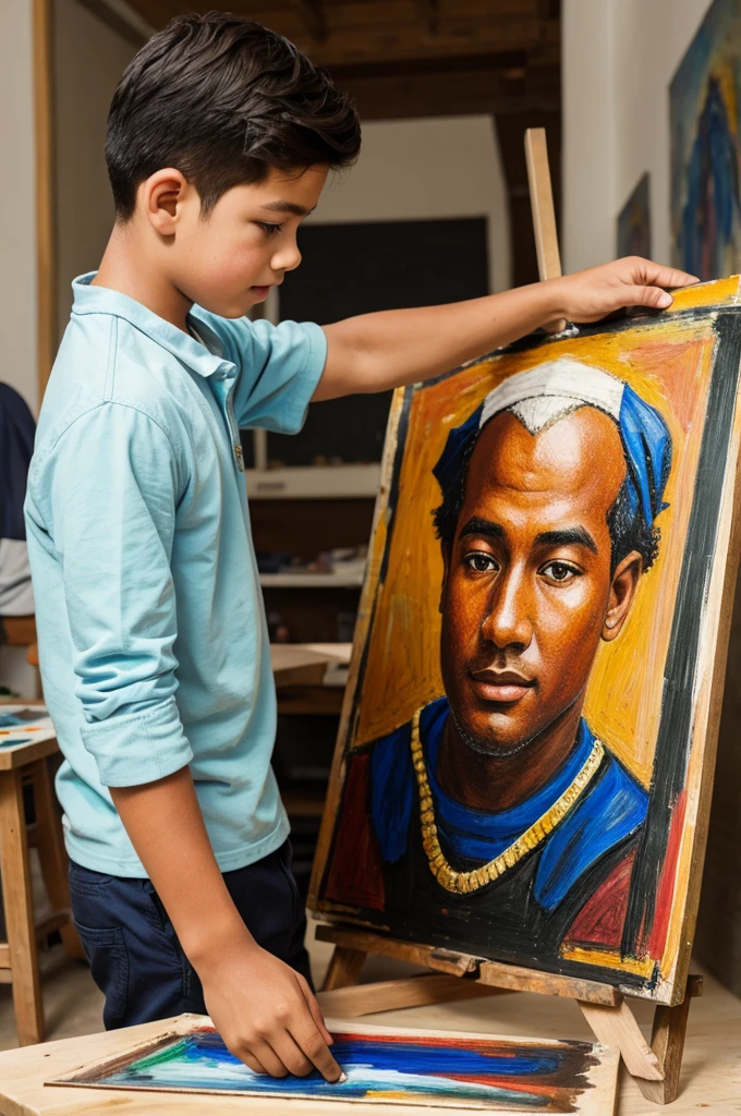 A boy helping people in art work