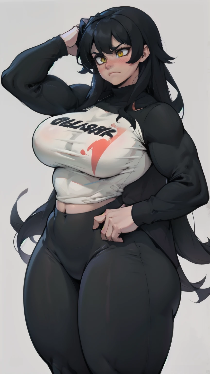 huge breasts pale skin very long hair black hair yellow eyes sad blushing solo frown very long hair very long hair leggings tight tshirt long sleeves slim fit lean